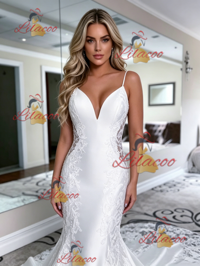 White Mermaid Satin Lace Spaghetti Straps Wedding Dress