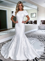 White Mermaid Satin Puff Sleeve Wedding Dress
