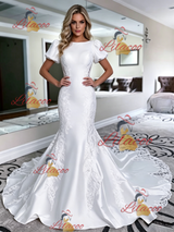 White Mermaid Satin Puff Sleeve Wedding Dress