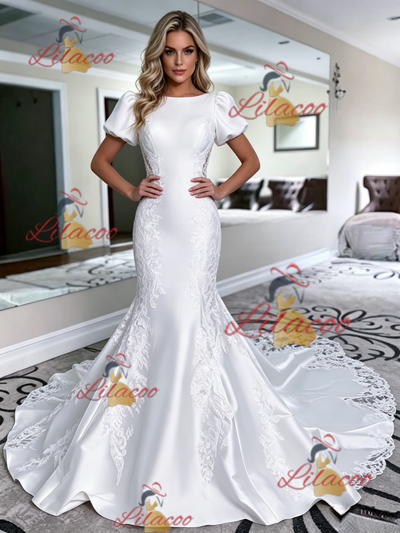 White Mermaid Satin Puff Sleeve Wedding Dress