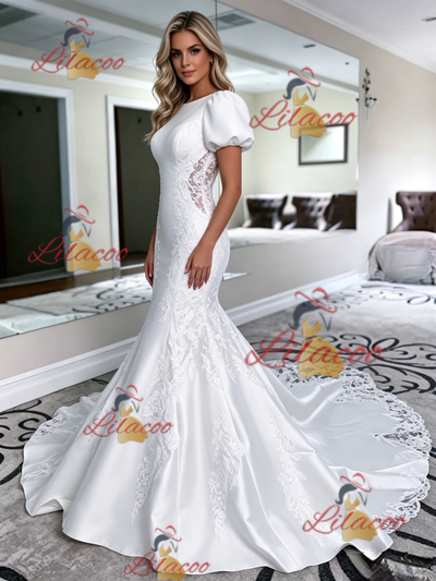 White Mermaid Satin Puff Sleeve Wedding Dress