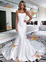 White Mermaid Satin Lace Spaghetti Straps Wedding Dress