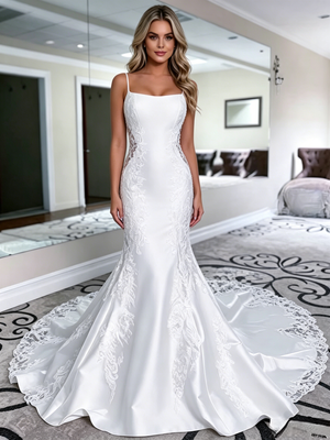 White Mermaid Satin Lace Spaghetti Straps Wedding Dress