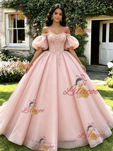 Pink Tulle Off the Shoulder Puff Sleeve Beading Quinceanera Dress