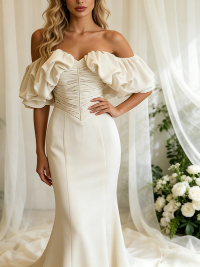 Ivory Mermaid Satin Off the Shoulder Pleats Wedding Dress