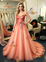 Tulle Sequins Straps Prom Dress