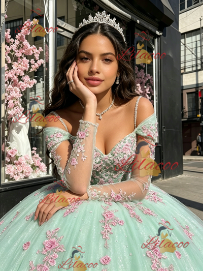 Green Tulle Straps Long Sleeve Quinceanera Dress