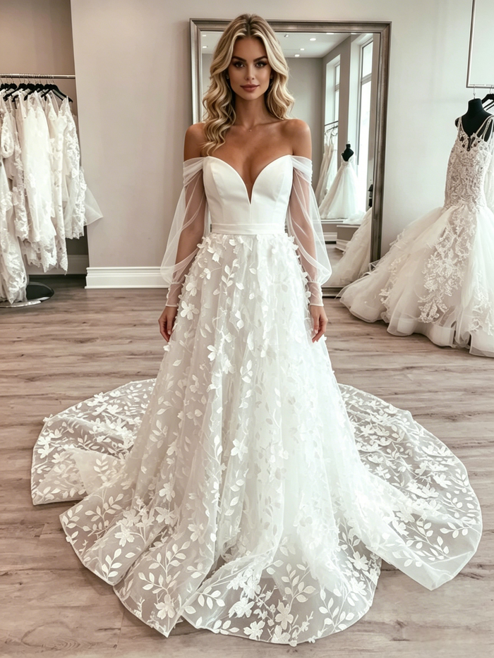 White Tulle Long Sleeve Lace Wedding Dress