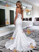 White Mermaid Satin Lace Spaghetti Straps Wedding Dress