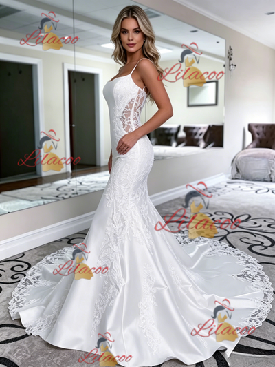 White Mermaid Satin Lace Spaghetti Straps Wedding Dress