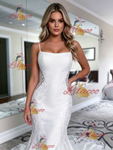 White Mermaid Satin Lace Spaghetti Straps Wedding Dress