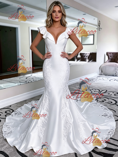 White Mermaid Satin V-neck Lace Wedding Dress