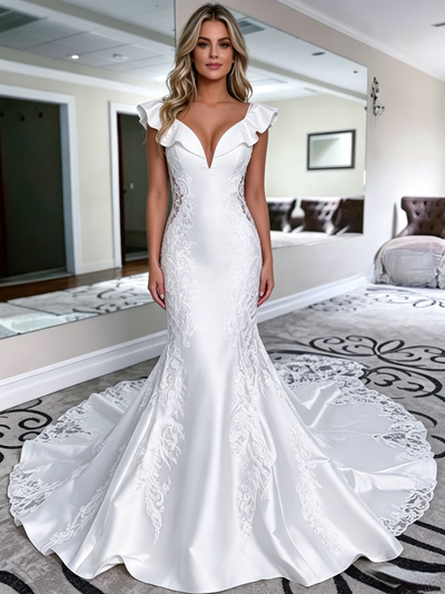 White Mermaid Satin V-neck Lace Wedding Dress