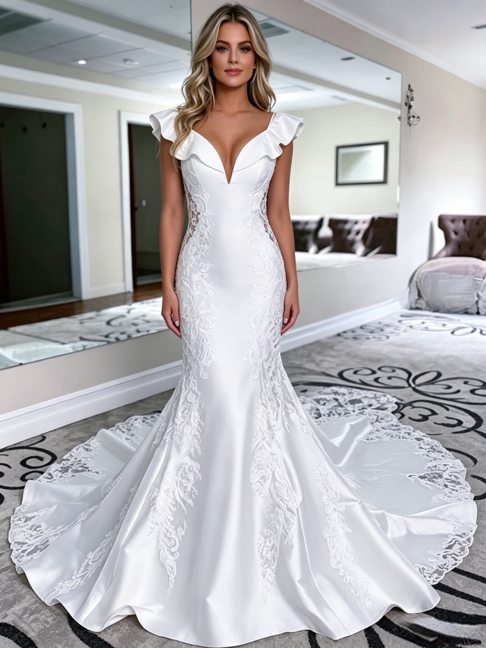 White Mermaid Satin V-neck Lace Wedding Dress