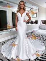 White Mermaid Satin V-neck Lace Wedding Dress