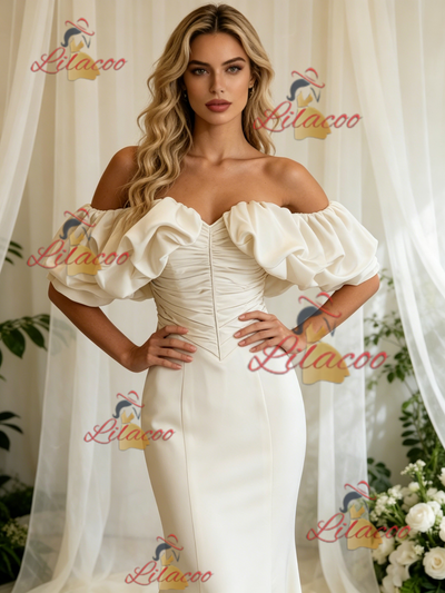 Ivory Mermaid Satin Off the Shoulder Pleats Wedding Dress