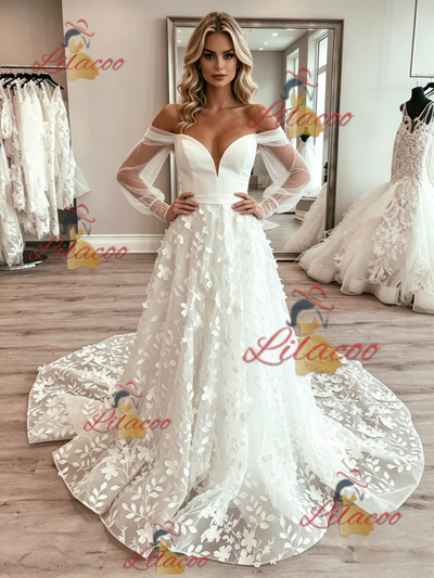 White Tulle Long Sleeve Lace Wedding Dress