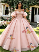 Pink Tulle Off the Shoulder Puff Sleeve Beading Quinceanera Dress