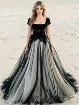Black Tulle Square Neck Cap Sleeve Wedding Dress