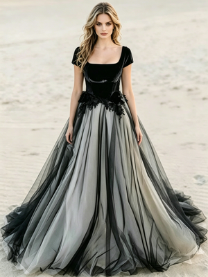 Black Tulle Square Neck Cap Sleeve Wedding Dress