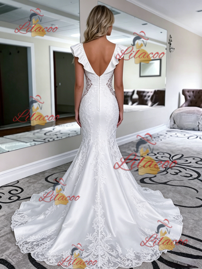 White Mermaid Satin V-neck Lace Wedding Dress