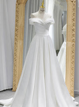 A-Line White Satin Pleats Wedding Dress