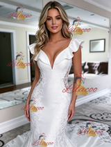 White Mermaid Satin V-neck Lace Wedding Dress
