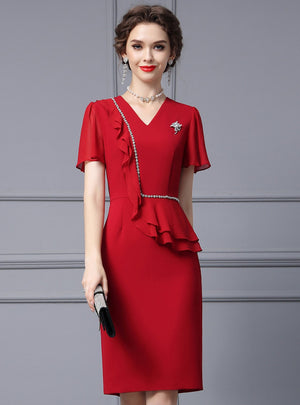 V-neck Short Sleeve Beads Mother Of the Brides Dress