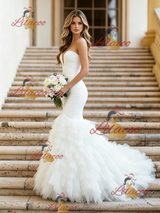 White Mermaid Tulle Strapless Pleats Wedding Dress