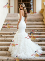 White Mermaid Tulle Strapless Pleats Wedding Dress