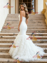 White Mermaid Tulle Strapless Pleats Wedding Dress