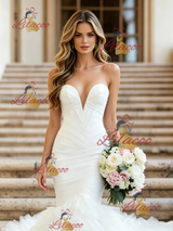 White Mermaid Tulle Strapless Pleats Wedding Dress