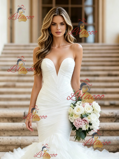 White Mermaid Tulle Strapless Pleats Wedding Dress