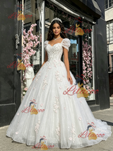 White Tulle Square Neck Appliques Quinceanera Dress
