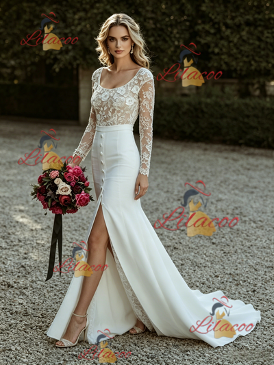 White Mermaid Long Sleeve Lace Wedding Dress