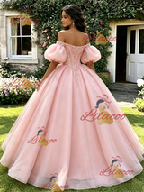 Pink Tulle Off the Shoulder Puff Sleeve Beading Quinceanera Dress