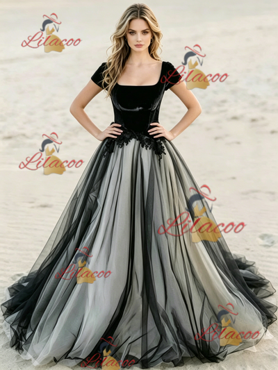 Black Tulle Square Neck Cap Sleeve Wedding Dress