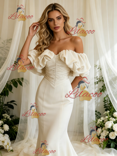 Ivory Mermaid Satin Off the Shoulder Pleats Wedding Dress