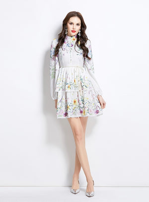 Long-sleeved Floral Lantern Sleeve Cake Dress