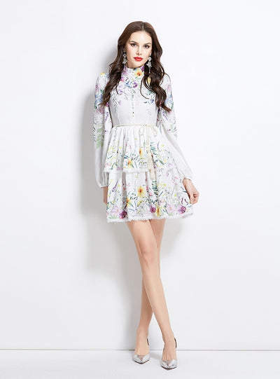 Long-sleeved Floral Lantern Sleeve Cake Dress
