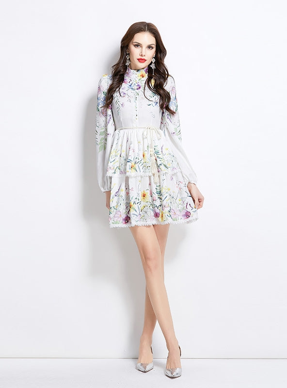 Long-sleeved Floral Lantern Sleeve Cake Dress
