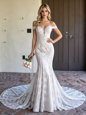 White Mermaid Lace Off the Shoulder Weding Dress