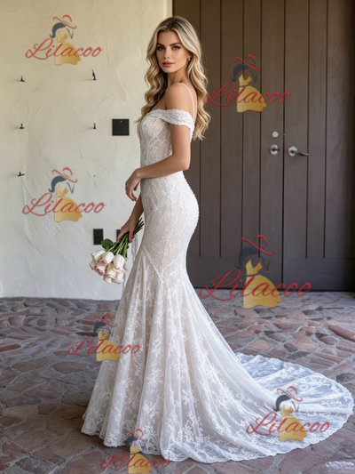 White Mermaid Lace Off the Shoulder Weding Dress
