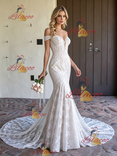White Mermaid Lace Off the Shoulder Weding Dress