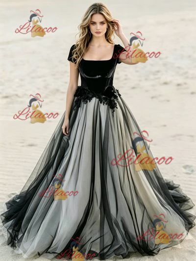 Black Tulle Square Neck Cap Sleeve Wedding Dress