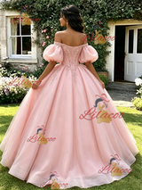 Pink Tulle Off the Shoulder Puff Sleeve Beading Quinceanera Dress