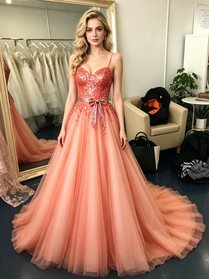 Tulle Sequins Straps Prom Dress