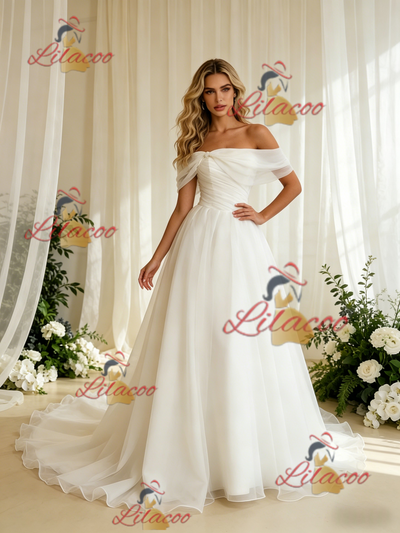 White Tulle Off the Shoulder Pleats Wedding Dress
