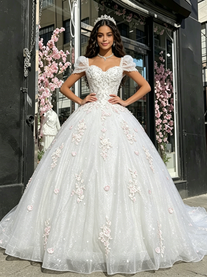 White Tulle Square Neck Appliques Quinceanera Dress