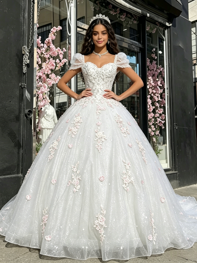 White Tulle Square Neck Appliques Quinceanera Dress